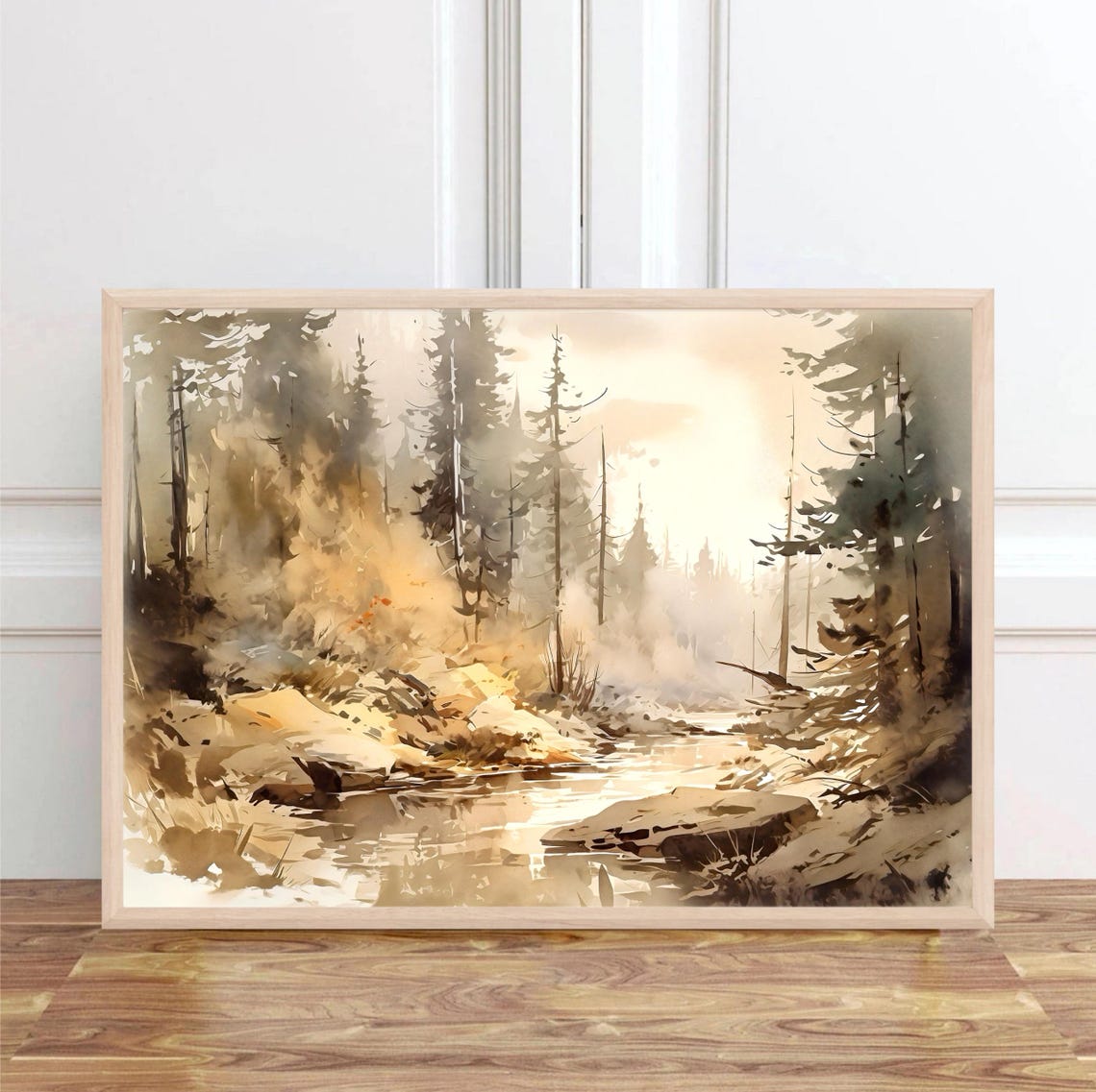 Misty Evergreen Forest Stream Soft Morning Light Watercolor Poster - Image 2