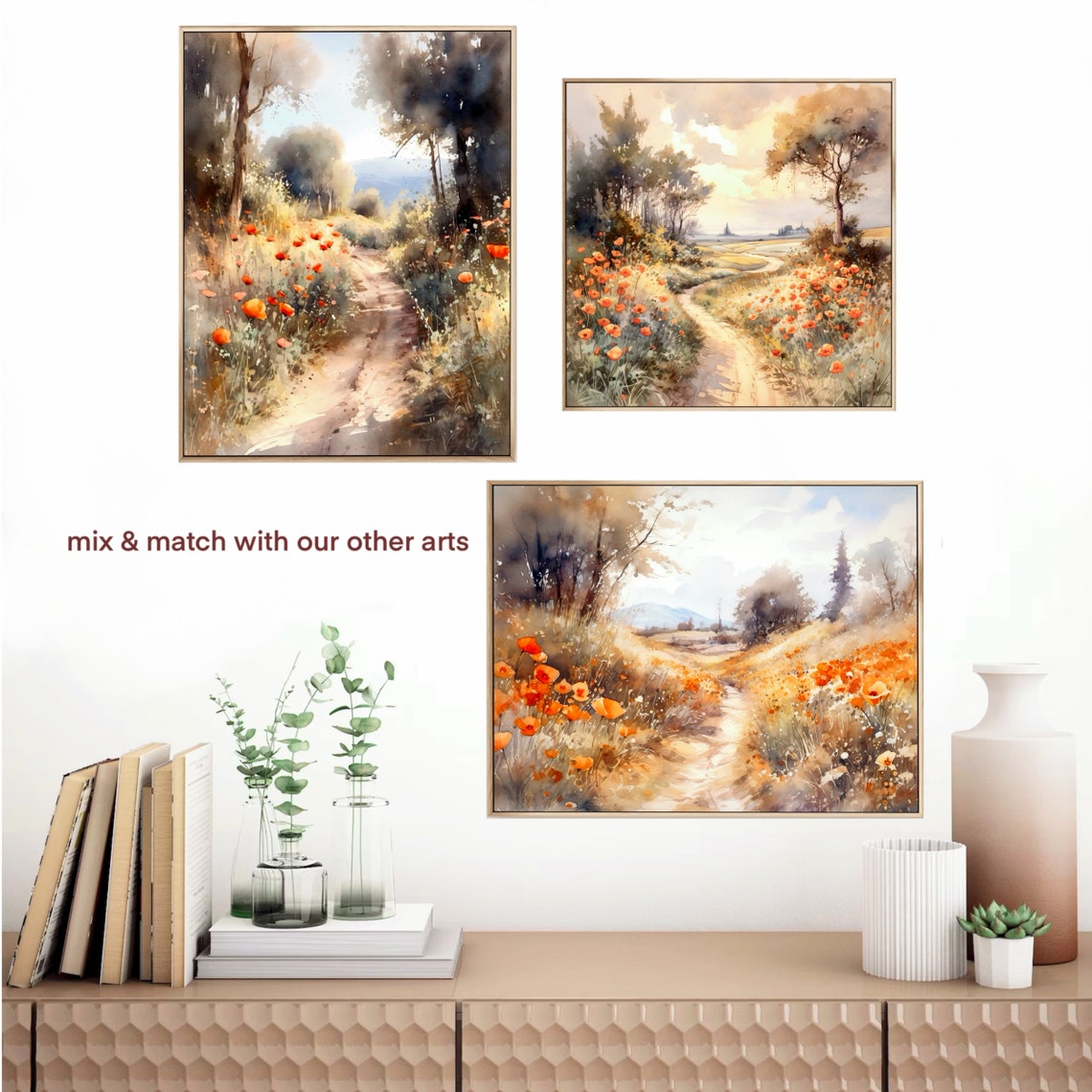Poppy Dirt Road Countryside Sunset Watercolor Art Scene Poster - Image 3
