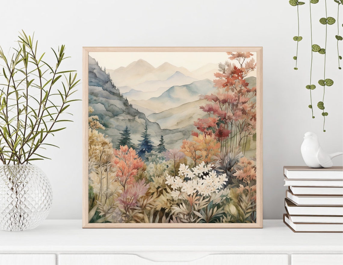 Autumn Mountain Valley Fall Foliage Wildflowers Watercolor Poster - Image 2
