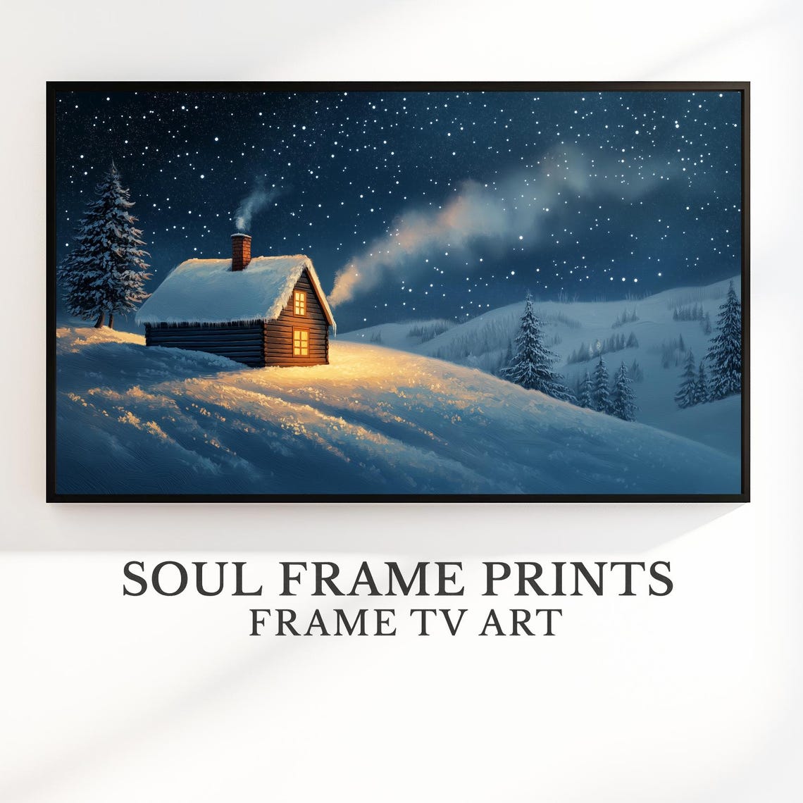 Starry Night Log Cabin in Snowy Hills Cozy Winter Glow Art Poster