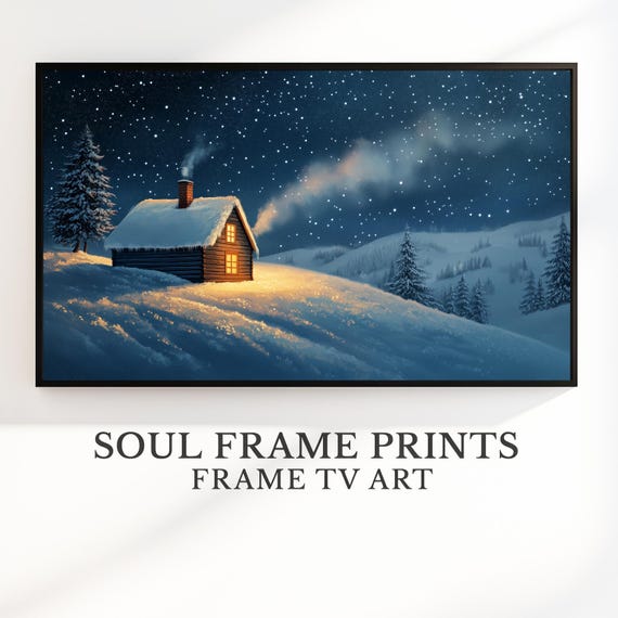 Snowy Cabin Scene Frame Tv Art Winter Night Hills Candlelit Rustic Decor Cozy 134
