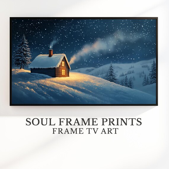 Starry Night Log Cabin in Snowy Hills Cozy Winter Glow Art Poster
