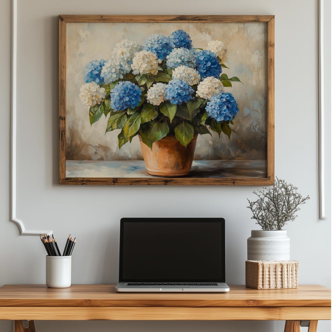 Blue Hydrangea Bouquet Still Life Oil Painting Floral Poster