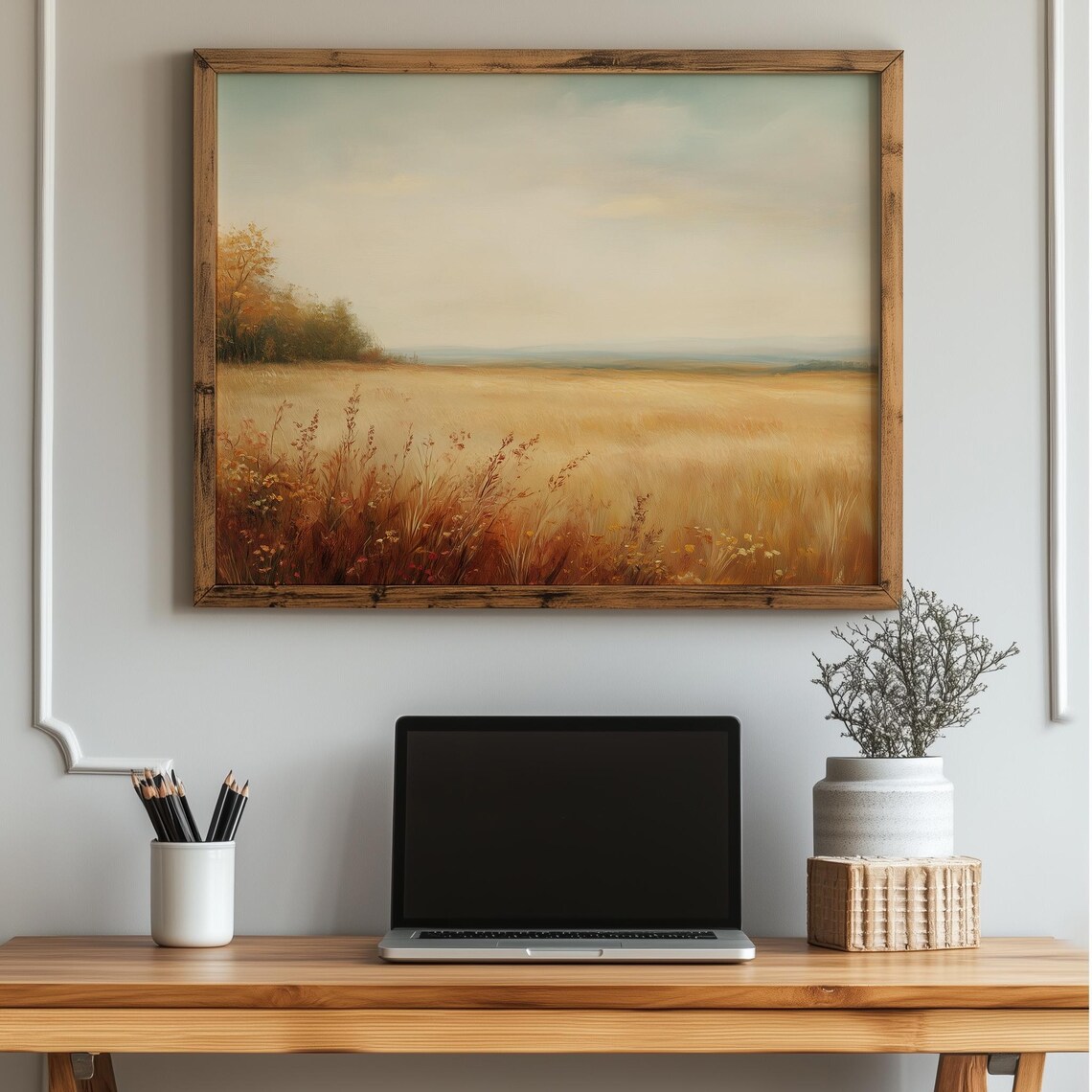 Rustic Golden Autumn Wheat Field Meadow Farmhouse Style Painting Poster