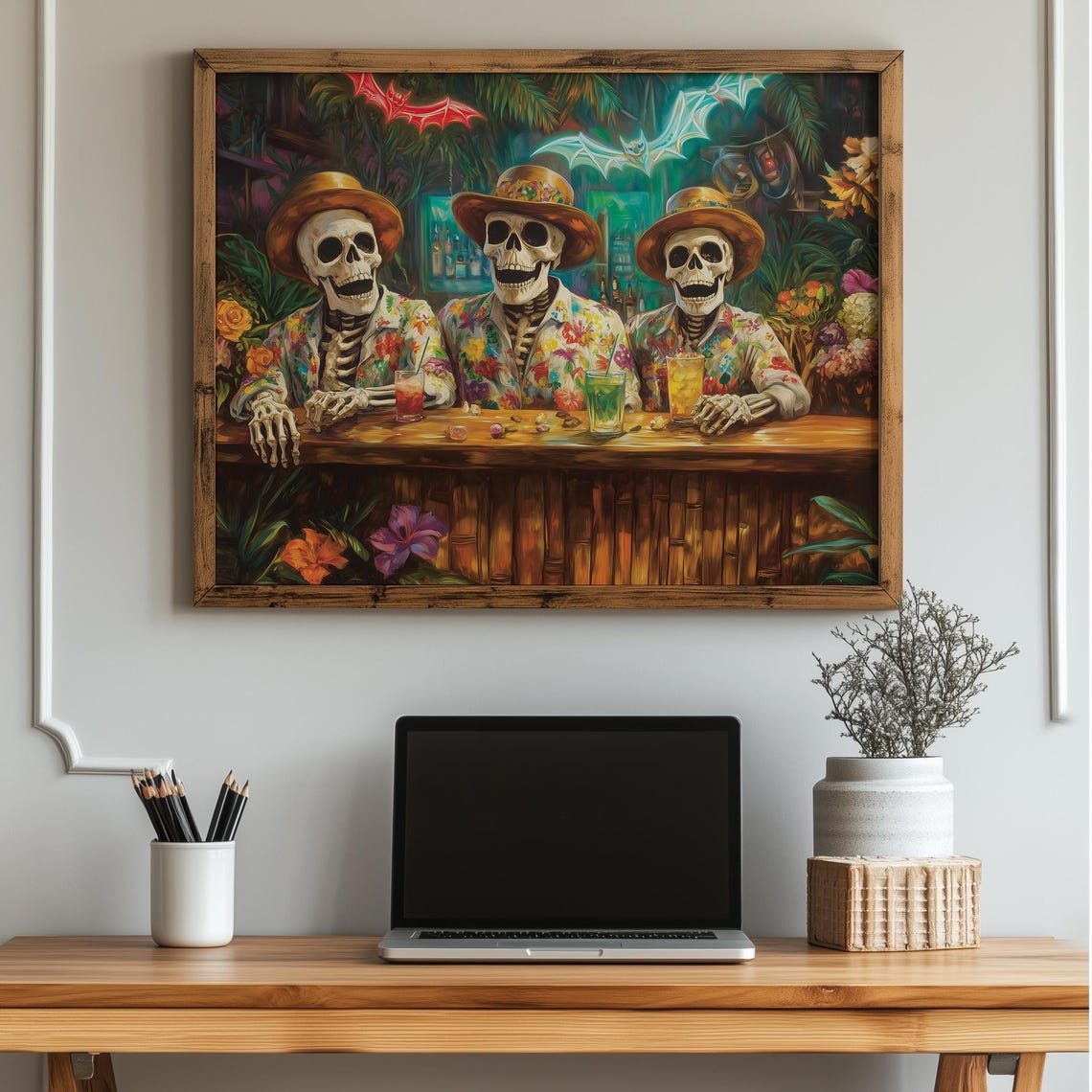 Skeleton Beach Luau Halloween Party Funny Tropical Tiki Poster