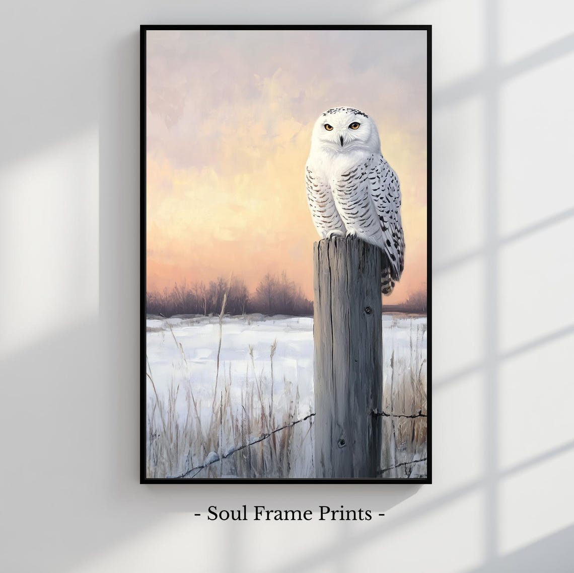 Snowy Owl On Fence Post Painting Poster Winter Field Sunset Art