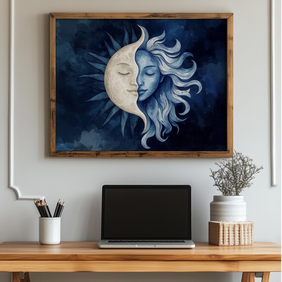 Celestial Sun And Moon Face Navy Spiritual Wall Art With Dreamy Night Sky