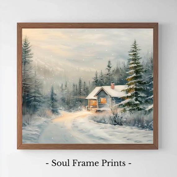 Winter Cabin In Snowy Forest Rustic Cottage Scene Wall Art Cozy Wonderland Decor Vintage Landscape Print 133