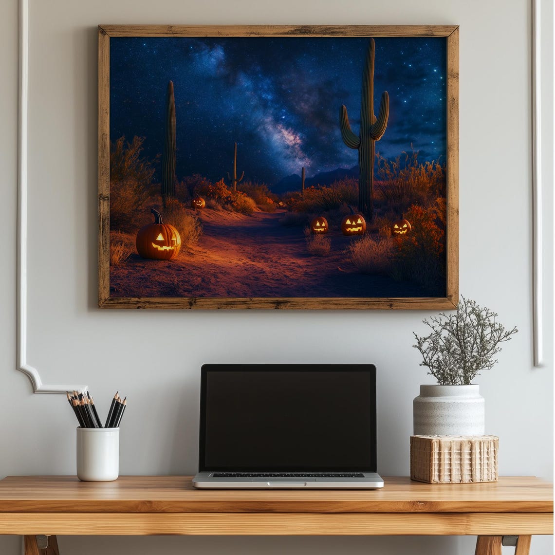 Desert Halloween Wall Art Cactus Pumpkin Path Southwestern Fall Decor Starry Night Jack O Lantern Autumn Landscape 50