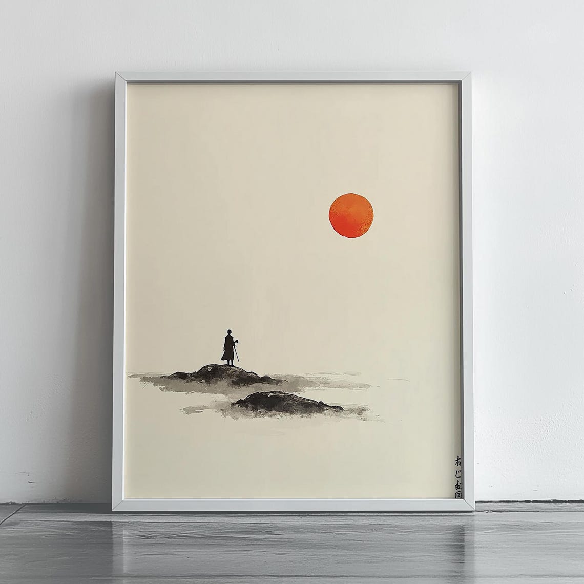 Zen Japanese Ink Landscape Minimalist Lone Figure Orange Sun Wall Art