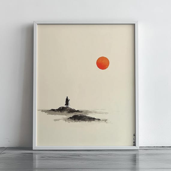 Zen Minimalist Wall Art Print Japanese Style Meditative Landscape Decor Modern Wabi Sabi With Orange Sun