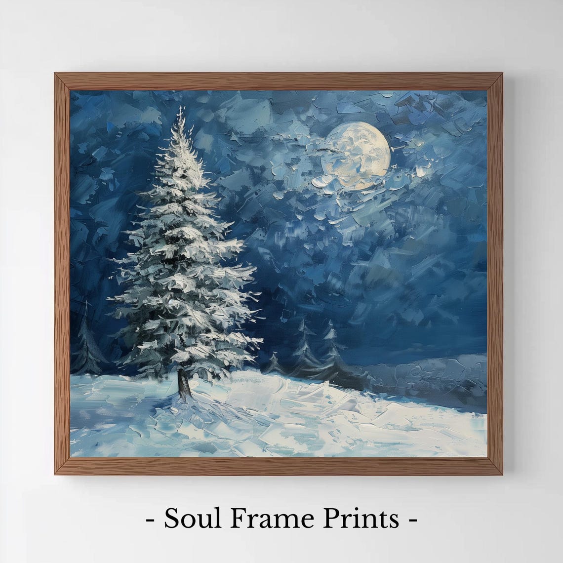 Snow Covered Pine Under the Moonlit Night Blue Winter Poster