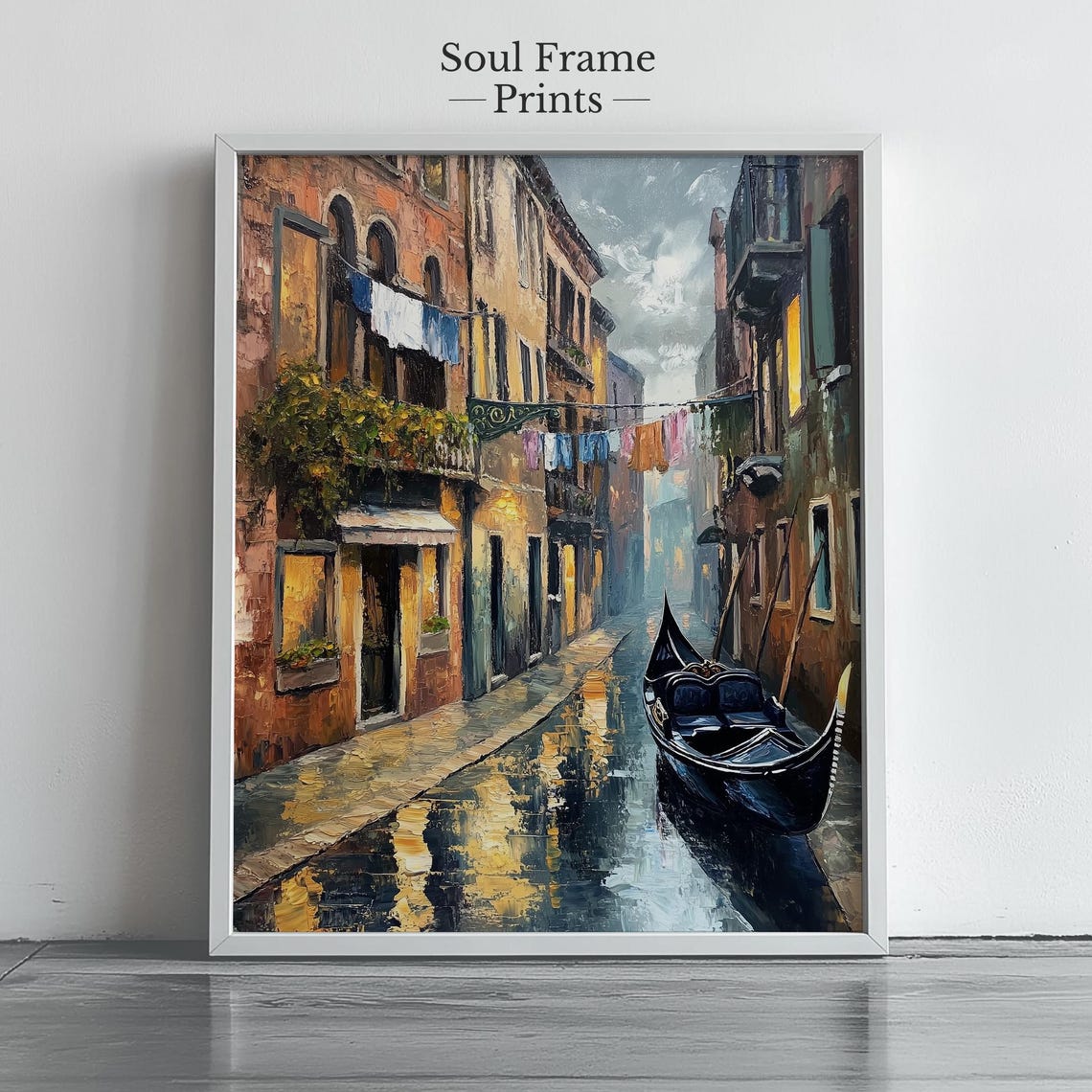 Venice Wall Art Moody Canal Scene Rainy Italian Alley Gondola Painting Romantic European Cityscape For Travel 458