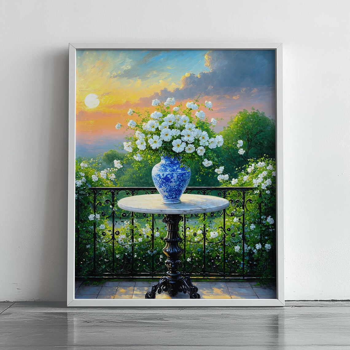 White Flowers Blue Porcelain Vase Sunset Balcony Painting Poster