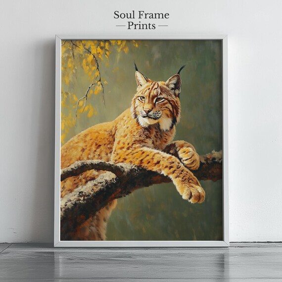 Lynx Wildcat Resting On A Branch In Golden Autumn Forest Poster