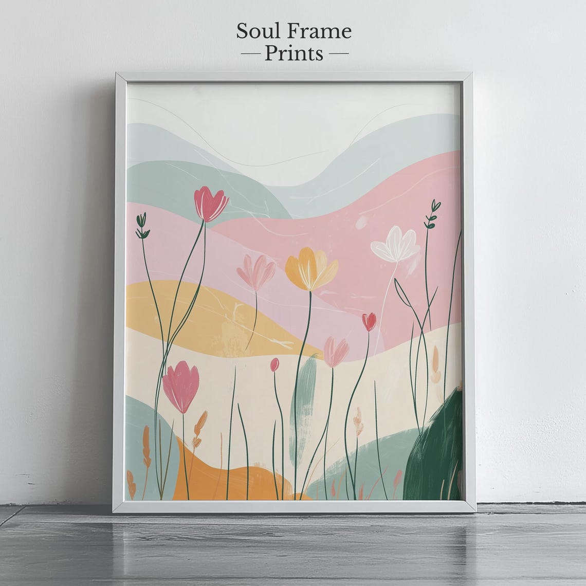 Pastel Wildflower Meadow Print Whimsical Floral Hillside Spring Decor