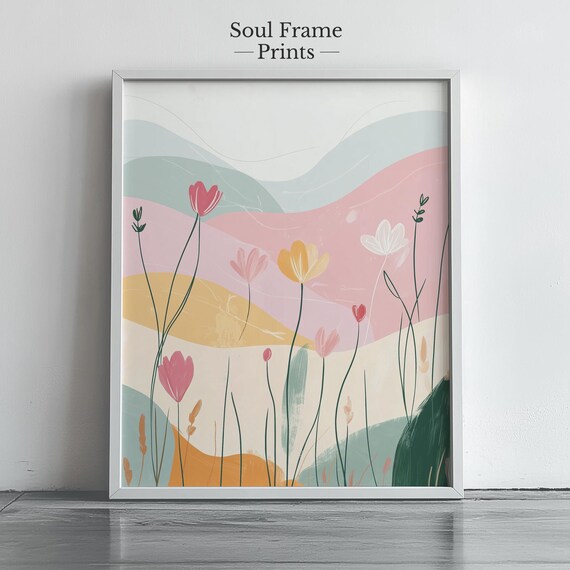 Pastel Flower Field Wall Art Abstract Hillside Landscape Print Whimsical Botanical Decor Modern Nursery Spring Boho 411