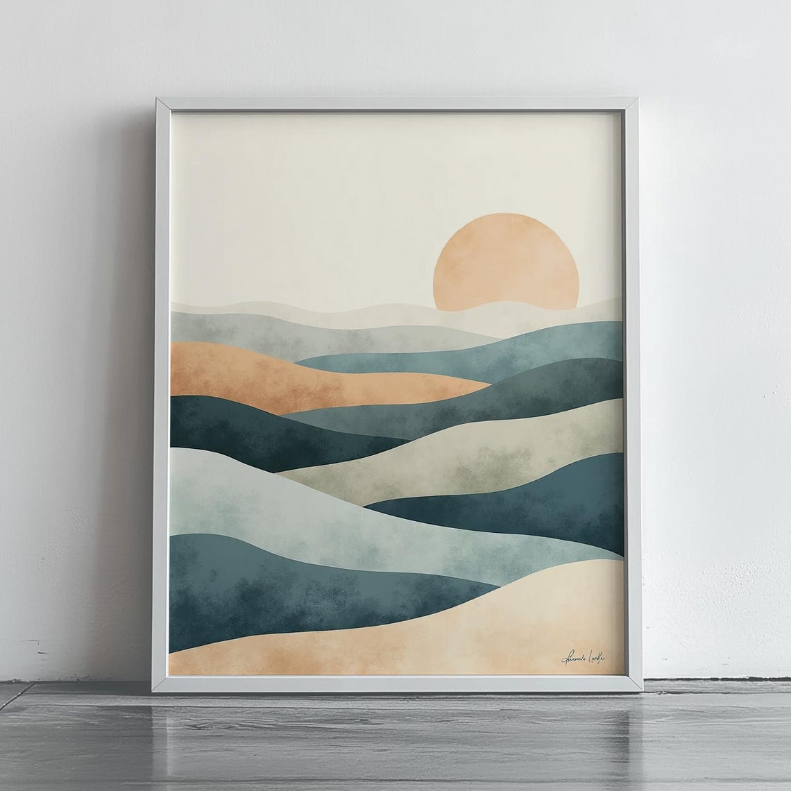 Minimalist Sunrise Waves Abstract Teal Peach Modern Wall Art