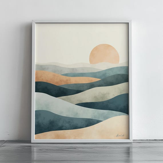 Modern Minimalist Sunset Landscape Art Earthy Tones Abstract Wall Decor Serene Nature Painting 196
