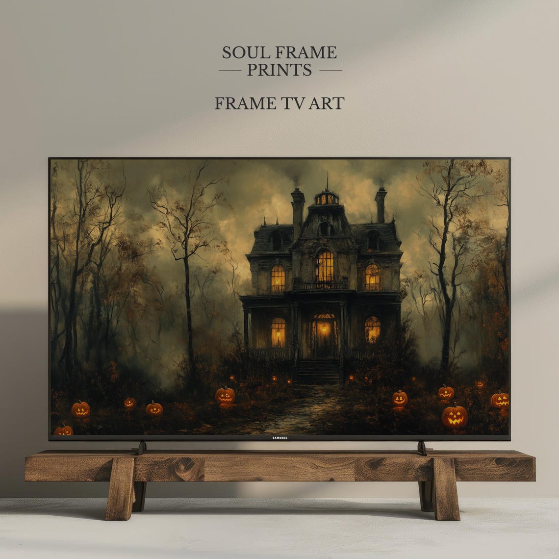 Haunted House Halloween TV Art Spooky Mansion Jack O Lanterns Poster