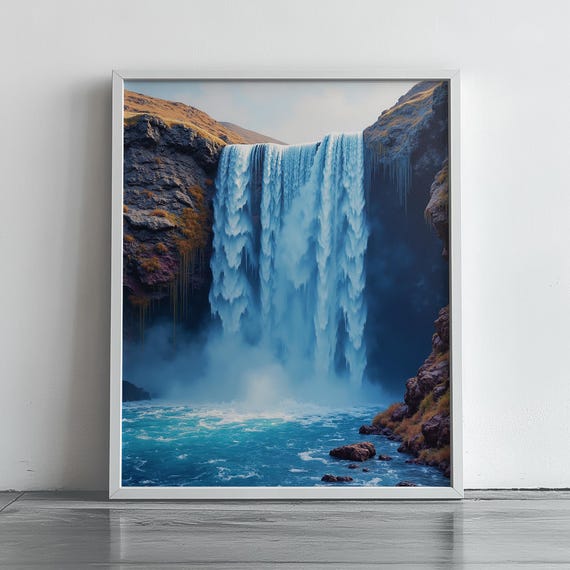 Majestic Waterfall Wall Art Dramatic Nature Landscape Print Blue Water Scenic Mountain Decor For Modern Homes 210