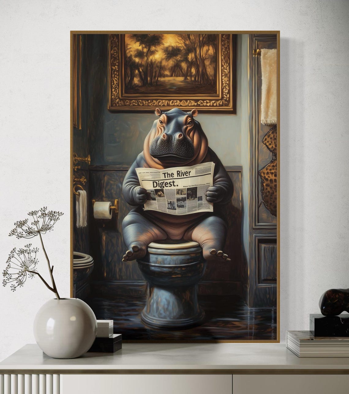 Funny Hippo on Toilet Reading The River Digest Newspaper Poster
