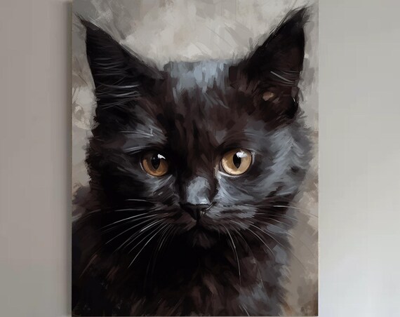 Black Cat Amber Eyes Close Up Oil Painting Feline Portrait Poster
