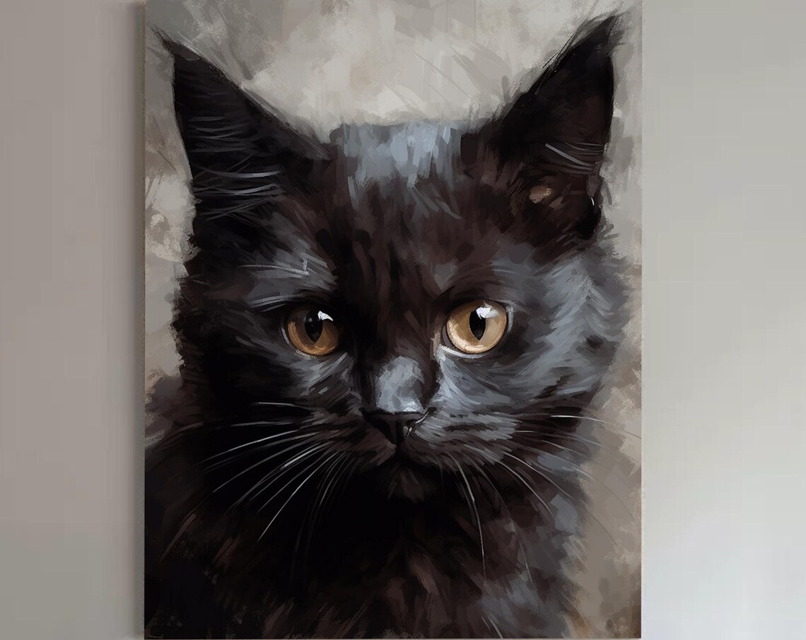 Black Cat Amber Eyes Close Up Oil Painting Feline Portrait Poster
