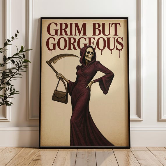 Funny Grim Reaper Print Retro Halloween Decor Dark Humor Wall Art