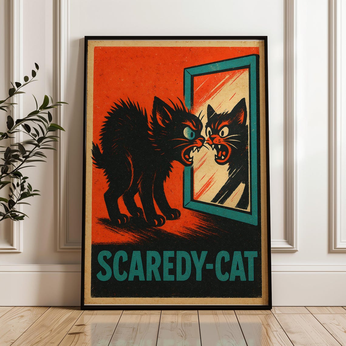 Funny Scaredy Cat Poster Retro Halloween Black Print