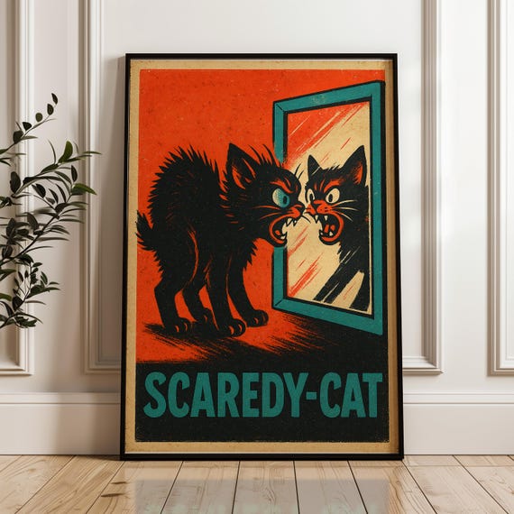 Funny Scaredy Cat Poster Retro Halloween Black Print