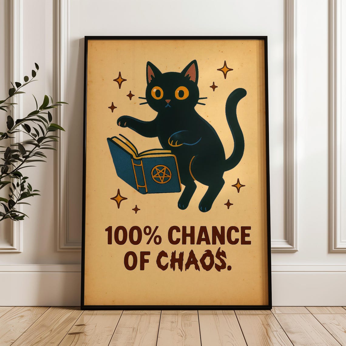 Funny Witch Cat Poster Retro Halloween Decor Quirky Black Print