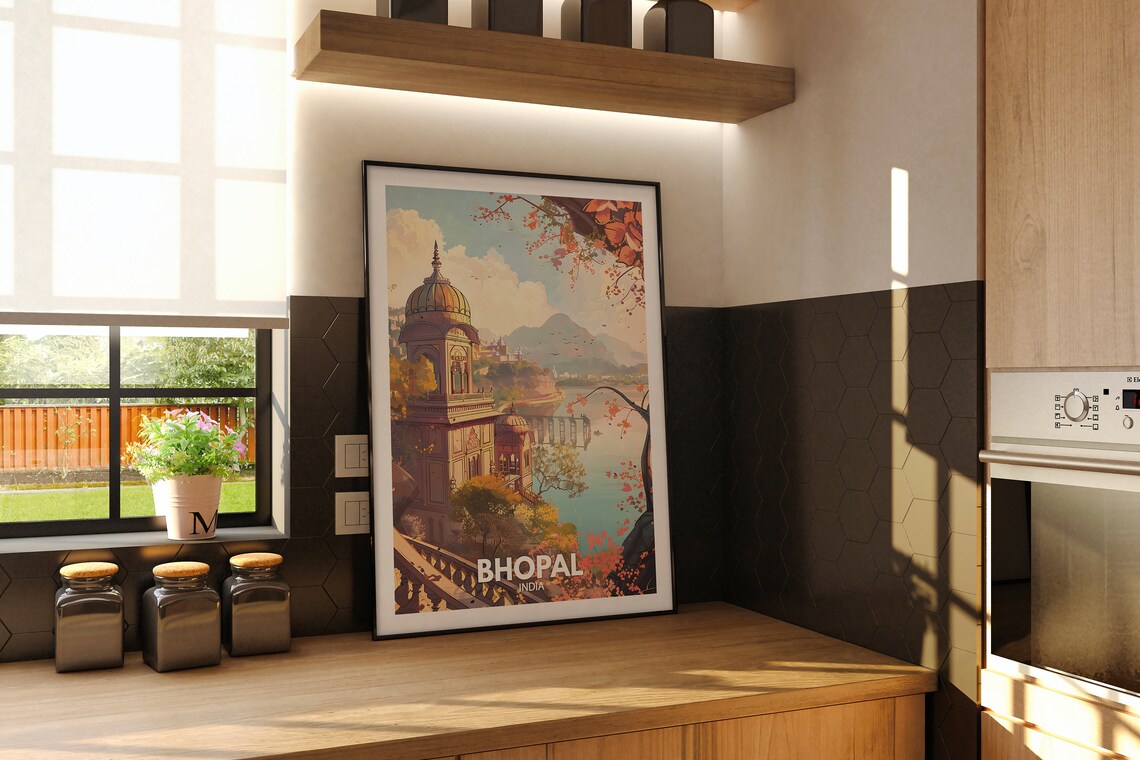 Bhopal India Lakeside Palace Autumn Sunset Vintage Travel Poster - Image 2