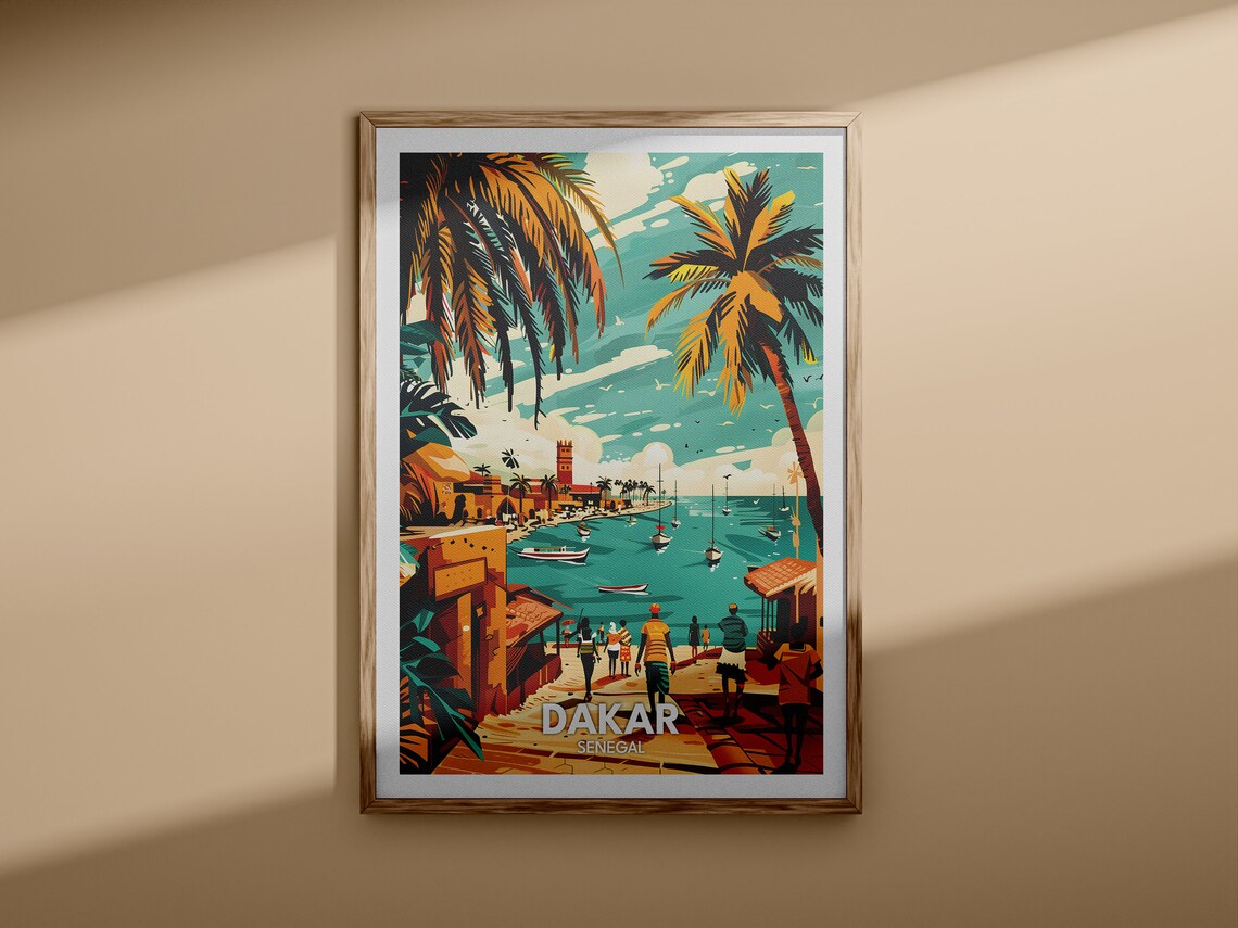 Dakar Senegal Harbor Palm Trees Fishing Boats African Travel Poster - Image 3