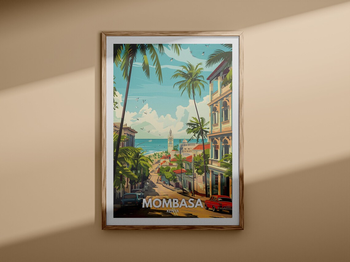 Mombasa Kenya Palm Lined Street Vintage Style Tropical Travel Poster - Image 3