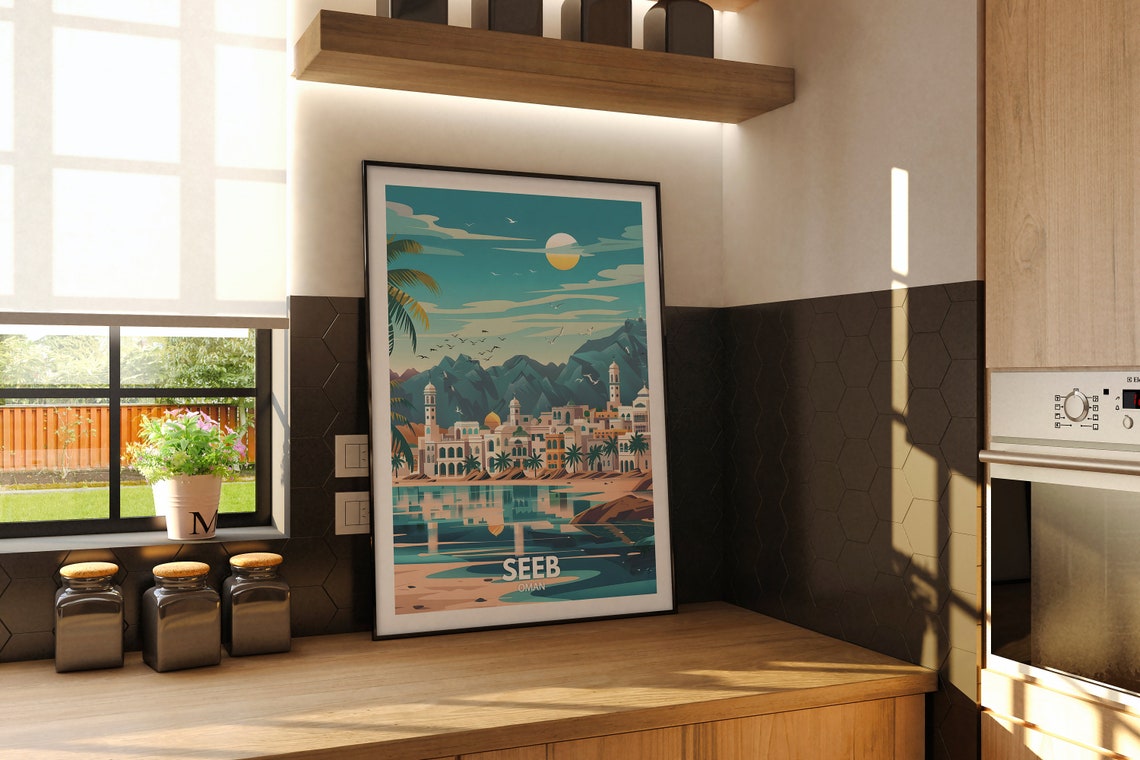 Seeb Oman Coastal Town Mountains Moonrise Vintage Travel Poster - Image 2