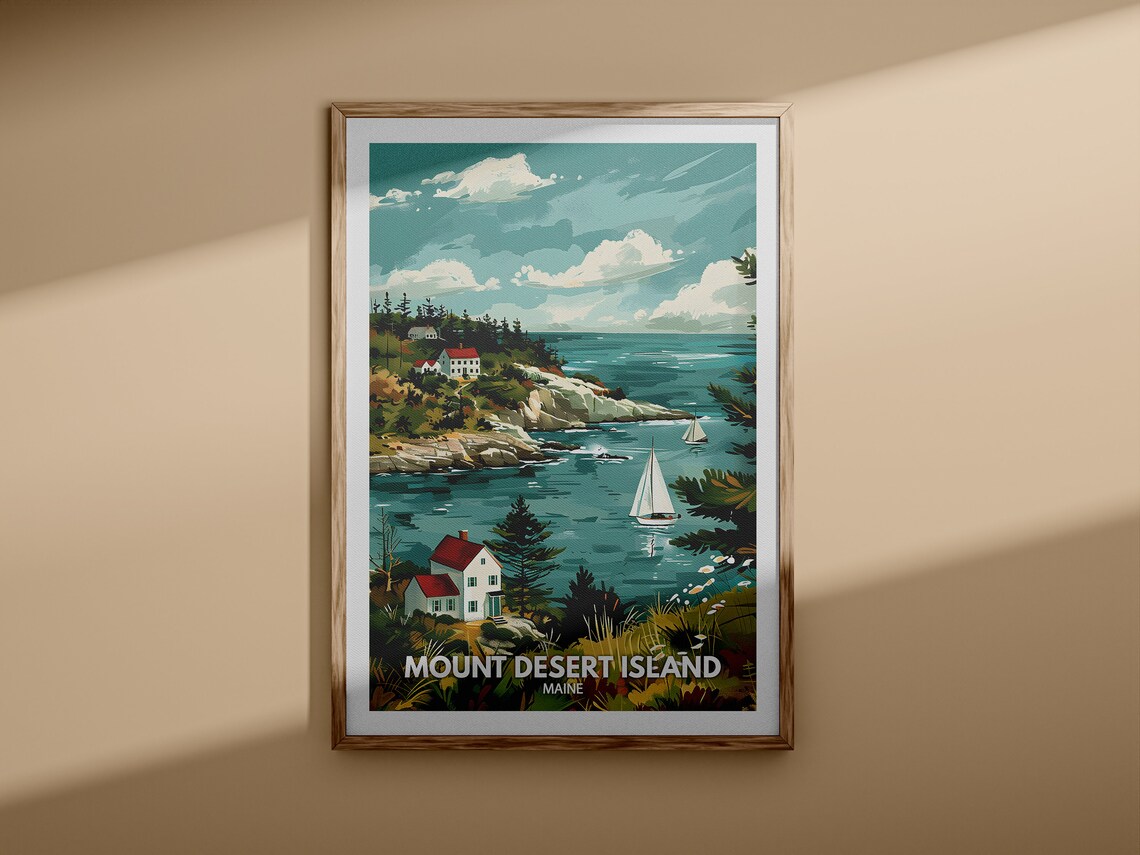 Mount Desert Island Maine Coastal Cottages Sailboats Travel Poster - Image 3