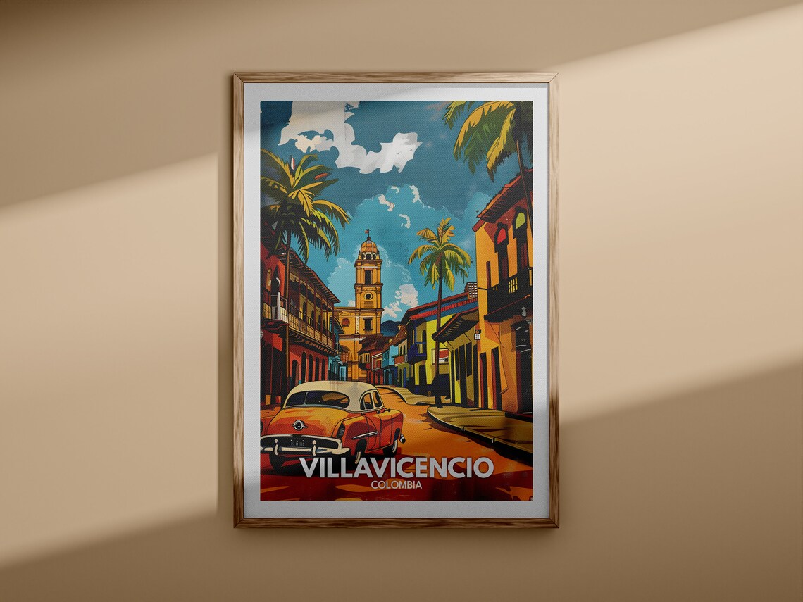 Villavicencio Colombia Colonial Street Classic Car Church Travel Poster - Image 3