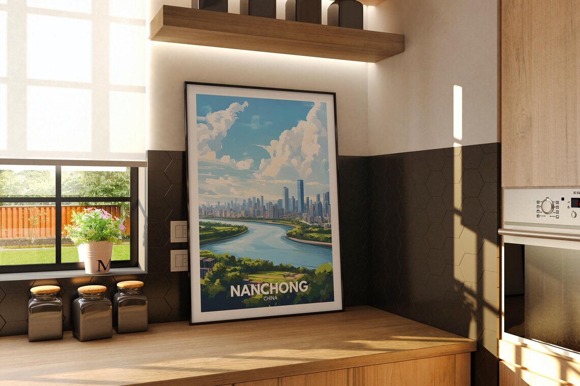 Nanchong China Riverside Skyline Modern City Retro Travel Poster - Image 2