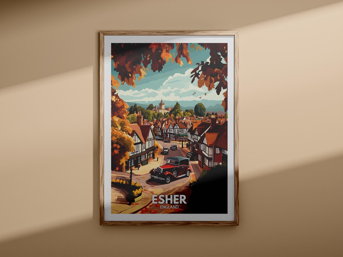Esher England Autumn Old Town Vintage Car Street Scene Poster - Image 3