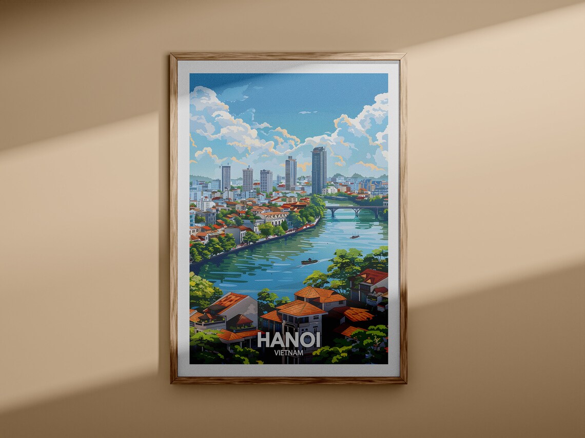 Hanoi Vietnam Skyline River Red Roof Cityscape Vintage Travel Poster - Image 3
