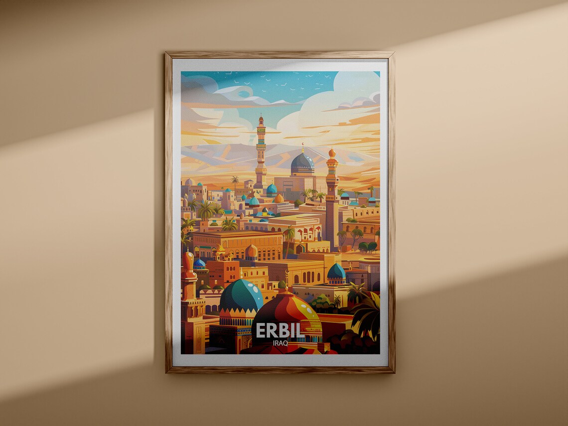 Erbil Iraq Ancient Citadel Mosque Skyline Vintage Travel Poster - Image 3