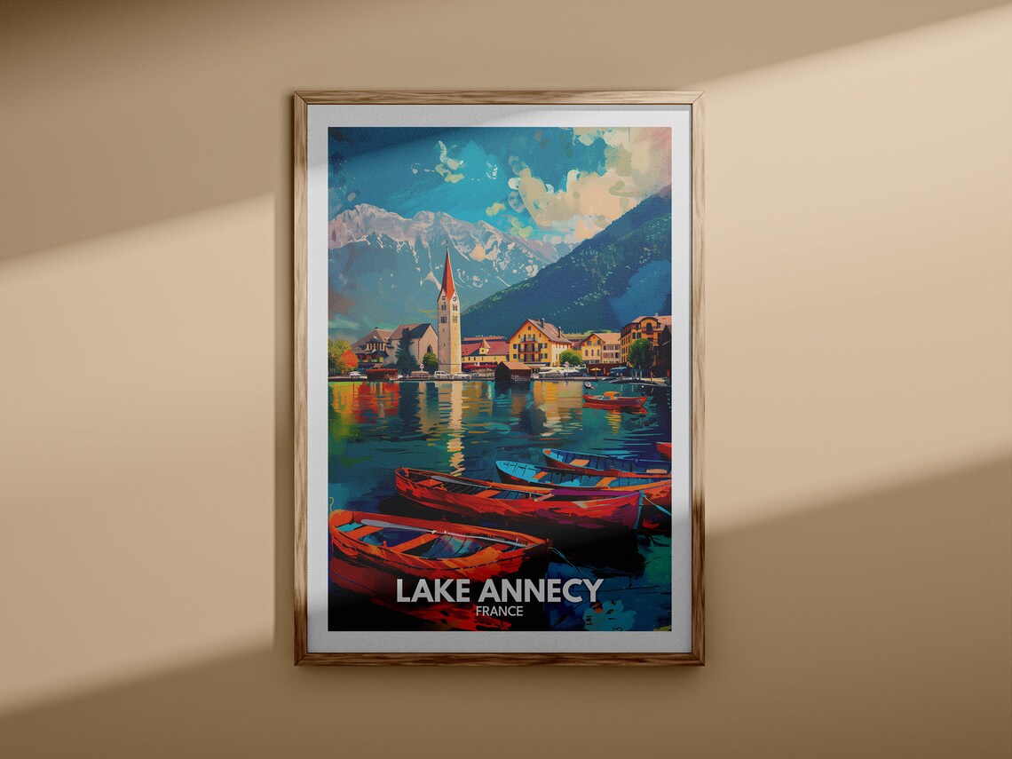 Lake Annecy France Boats Church Tower Mountains Travel Poster - Image 3