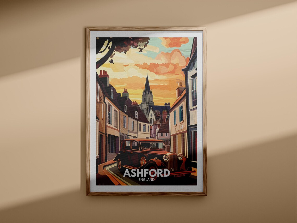 Ashford England Sunset Street Vintage Car Church Spire Travel Poster - Image 3