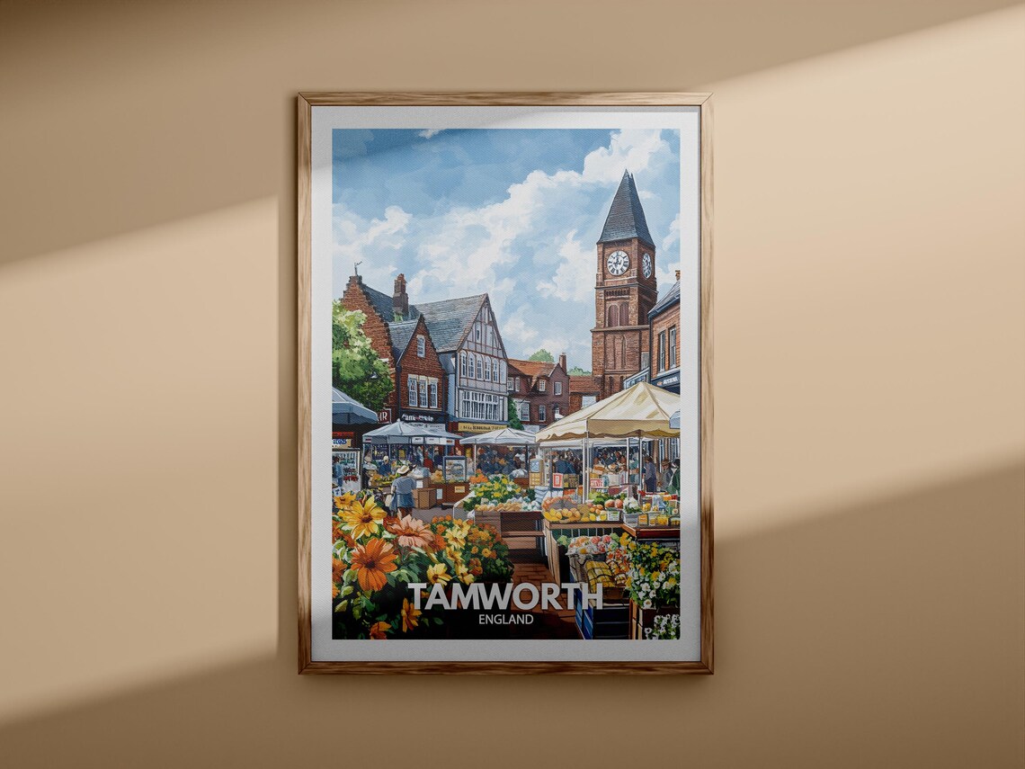 Tamworth England Market Square Clock Tower Flower Stalls Travel Poster - Image 3