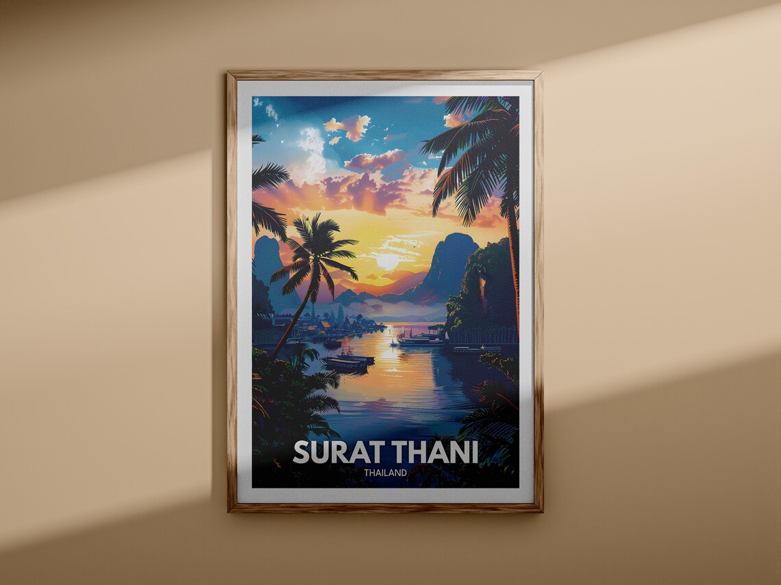 Surat Thani Thailand Sunset Bay Palms Tropical Travel Poster - Image 3