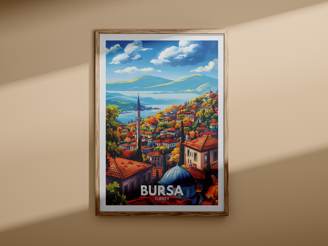 Bursa Turkey Hillside Old Town Minaret Mosque Dome Sunset Poster - Image 3