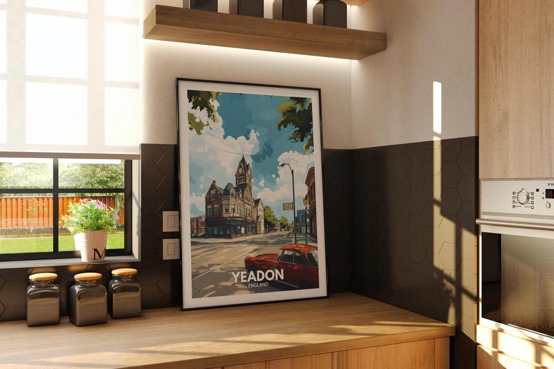 Yeadon England Clock Tower Red Classic Car Vintage Travel Poster - Image 2