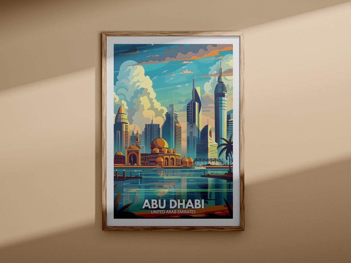 Abu Dhabi UAE Modern Skyline Golden Dome Waterfront Travel Poster - Image 3