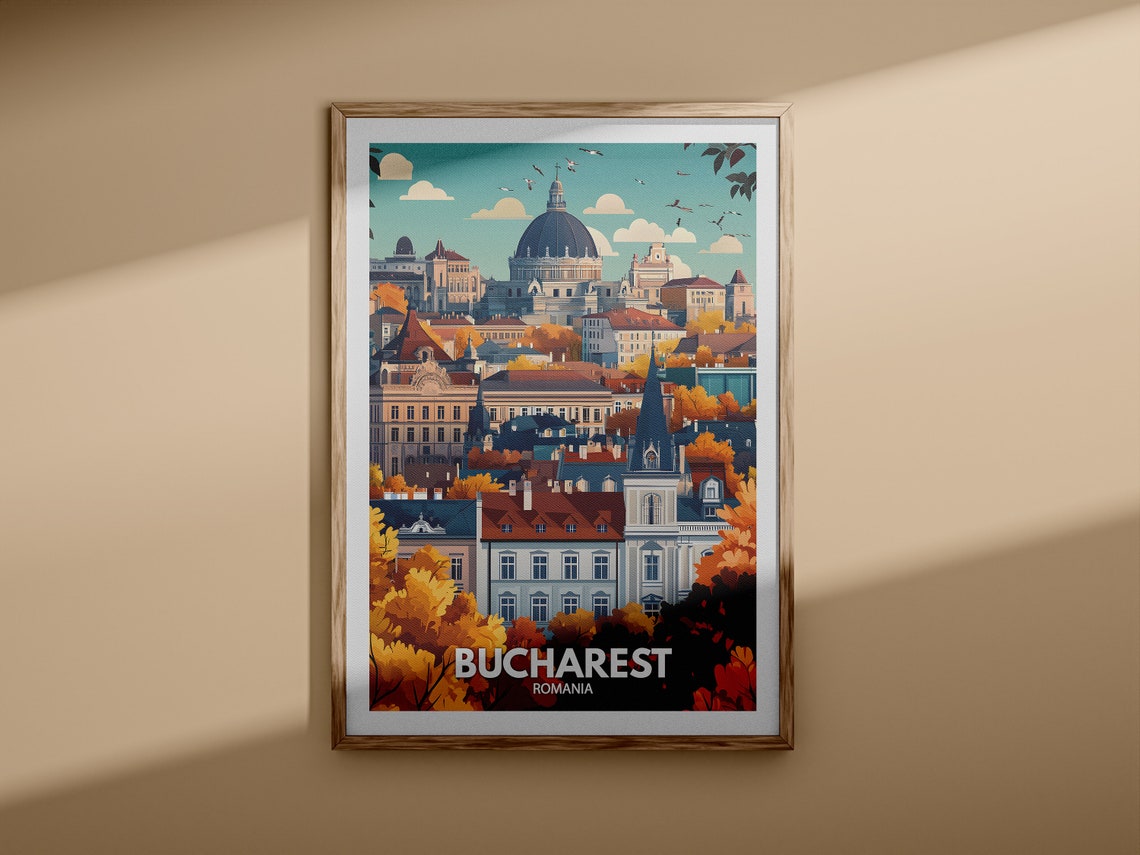 Bucharest Romania Old Town Skyline Dome Autumn Trees Travel Poster - Image 3
